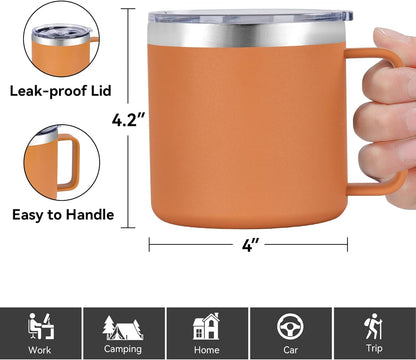 14 oz Insulated Coffee Mug with Handle, Stainless Steel Travel Coffee Mug with Lid, Double Wall Vacuum Metal Coffee Cup, Coffee Tumbler Powder Coated, White 1 Pack