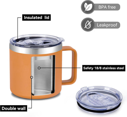 14 oz Insulated Coffee Mug with Handle, Stainless Steel Travel Coffee Mug with Lid, Double Wall Vacuum Metal Coffee Cup, Coffee Tumbler Powder Coated, White 1 Pack