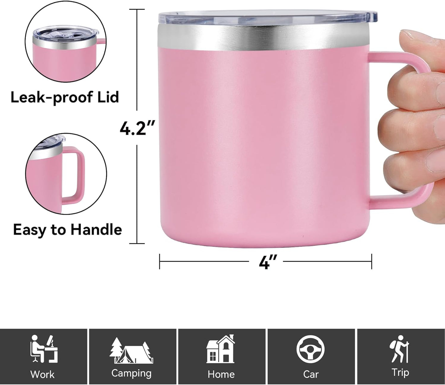 14 oz Insulated Coffee Mug with Handle, Stainless Steel Travel Coffee Mug with Lid, Double Wall Vacuum Metal Coffee Cup, Coffee Tumbler Powder Coated, White 1 Pack