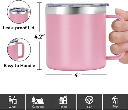 14 oz Insulated Coffee Mug with Handle, Stainless Steel Travel Coffee Mug with Lid, Double Wall Vacuum Metal Coffee Cup, Coffee Tumbler Powder Coated, White 1 Pack