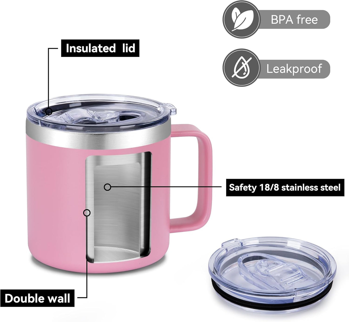 14 oz Insulated Coffee Mug with Handle, Stainless Steel Travel Coffee Mug with Lid, Double Wall Vacuum Metal Coffee Cup, Coffee Tumbler Powder Coated, White 1 Pack