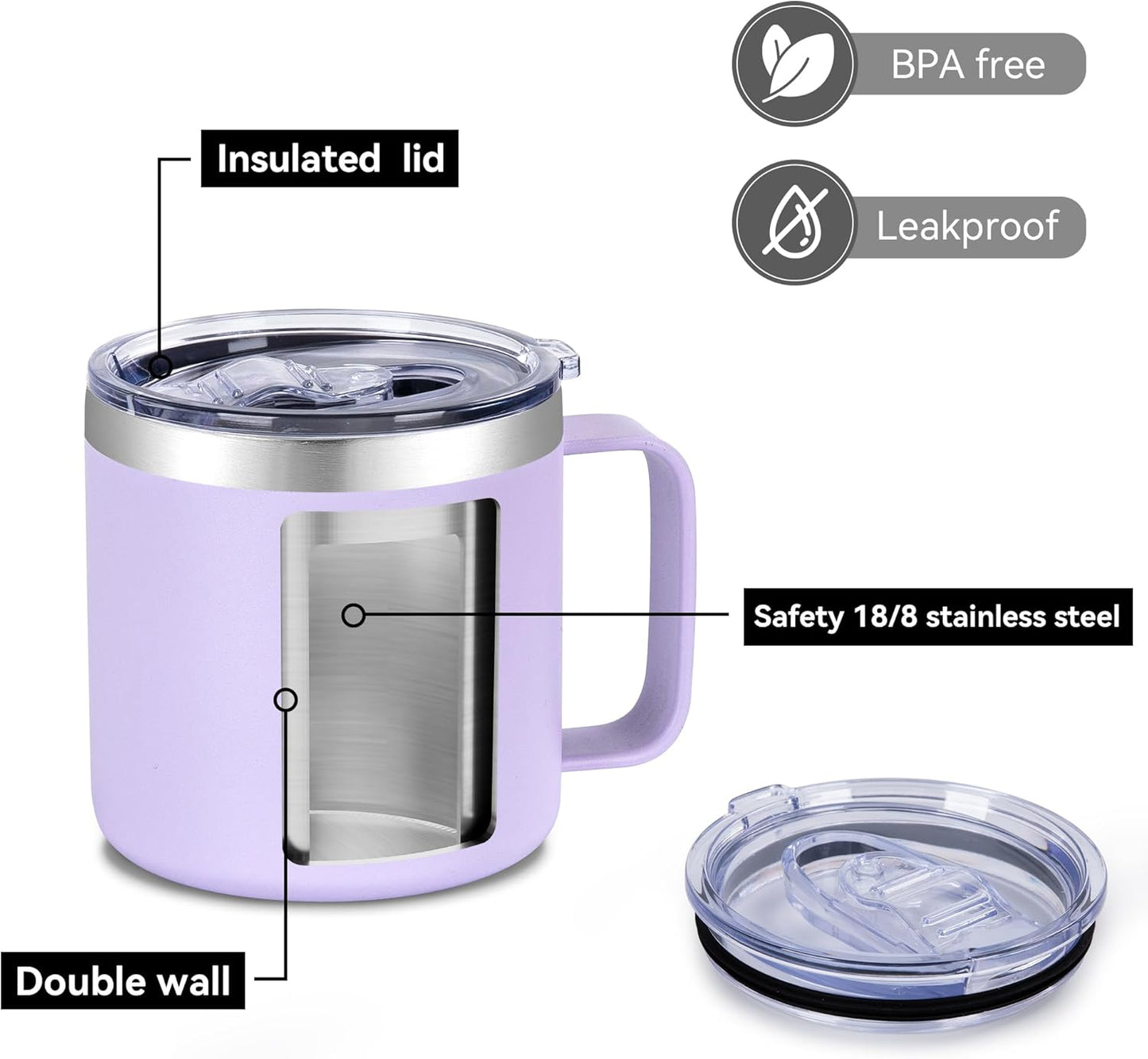 14 oz Insulated Coffee Mug with Handle, Stainless Steel Travel Coffee Mug with Lid, Double Wall Vacuum Metal Coffee Cup, Coffee Tumbler Powder Coated, White 1 Pack