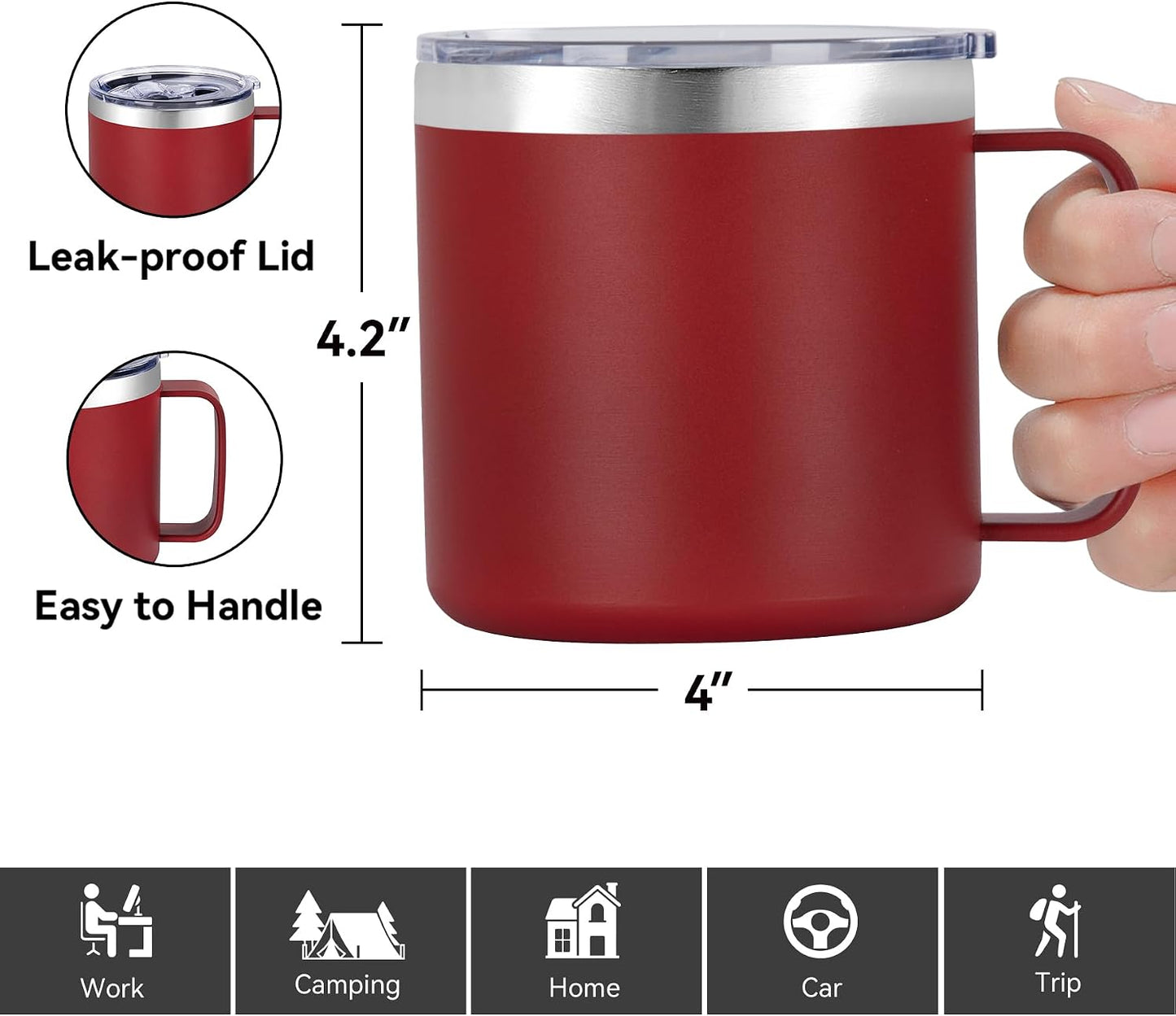 14 oz Insulated Coffee Mug with Handle, Stainless Steel Travel Coffee Mug with Lid, Double Wall Vacuum Metal Coffee Cup, Coffee Tumbler Powder Coated, White 1 Pack