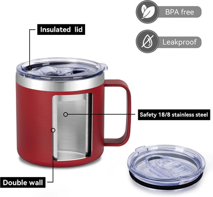 14 oz Insulated Coffee Mug with Handle, Stainless Steel Travel Coffee Mug with Lid, Double Wall Vacuum Metal Coffee Cup, Coffee Tumbler Powder Coated, White 1 Pack