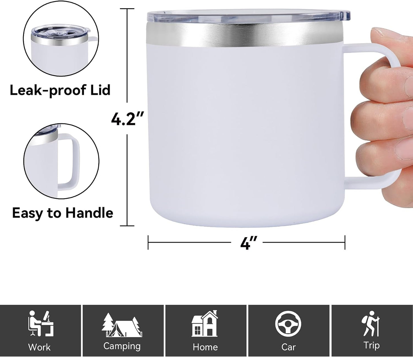 14 oz Insulated Coffee Mug with Handle, Stainless Steel Travel Coffee Mug with Lid, Double Wall Vacuum Metal Coffee Cup, Coffee Tumbler Powder Coated, White 1 Pack