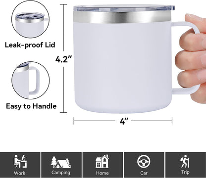 14 oz Insulated Coffee Mug with Handle, Stainless Steel Travel Coffee Mug with Lid, Double Wall Vacuum Metal Coffee Cup, Coffee Tumbler Powder Coated, White 1 Pack