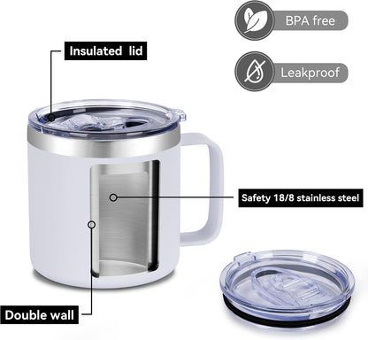 14 oz Insulated Coffee Mug with Handle, Stainless Steel Travel Coffee Mug with Lid, Double Wall Vacuum Metal Coffee Cup, Coffee Tumbler Powder Coated, White 1 Pack