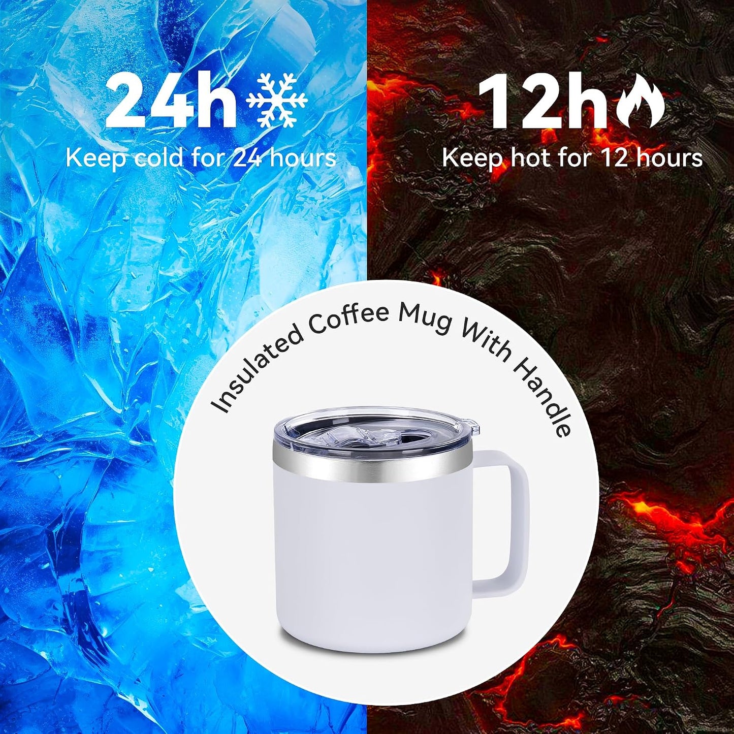 14 oz Insulated Coffee Mug with Handle, Stainless Steel Travel Coffee Mug with Lid, Double Wall Vacuum Metal Coffee Cup, Coffee Tumbler Powder Coated, White 1 Pack
