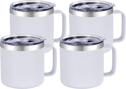14 oz Insulated Coffee Mug with Handle, Stainless Steel Travel Coffee Mug with Lid, Double Wall Vacuum Metal Coffee Cup, Coffee Tumbler Powder Coated, White 1 Pack
