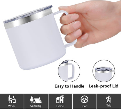 14 oz Insulated Coffee Mug with Handle, Stainless Steel Travel Coffee Mug with Lid, Double Wall Vacuum Metal Coffee Cup, Coffee Tumbler Powder Coated, White 1 Pack
