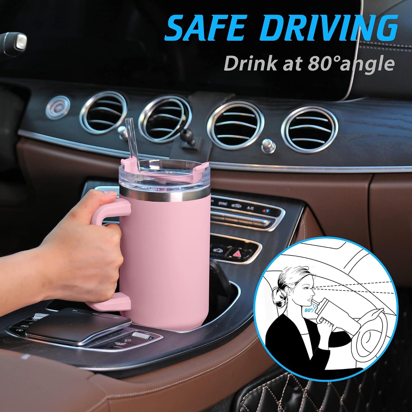 40 oz Tumbler with Handle and Straw, Pink Insulated Travel Mug Iced Coffee Cup, Reusable Stainless Steel Insulated Water Bottle, Keeps Drinks Cold for 34 Hours, Women Christmas Gifts for Mom Grandma