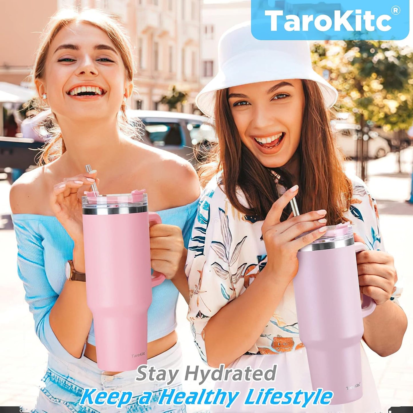 40 oz Tumbler with Handle and Straw, Pink Insulated Travel Mug Iced Coffee Cup, Reusable Stainless Steel Insulated Water Bottle, Keeps Drinks Cold for 34 Hours, Women Christmas Gifts for Mom Grandma