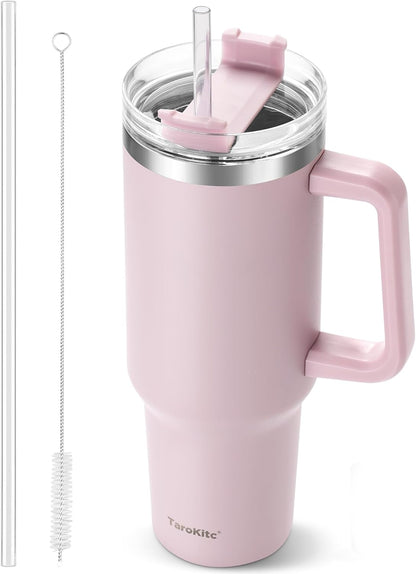 40 oz Tumbler with Handle and Straw, Pink Insulated Travel Mug Iced Coffee Cup, Reusable Stainless Steel Insulated Water Bottle, Keeps Drinks Cold for 34 Hours, Women Christmas Gifts for Mom Grandma