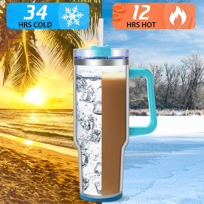 40 oz Tumbler with Handle and Straw, Pink Insulated Travel Mug Iced Coffee Cup, Reusable Stainless Steel Insulated Water Bottle, Keeps Drinks Cold for 34 Hours, Women Christmas Gifts for Mom Grandma