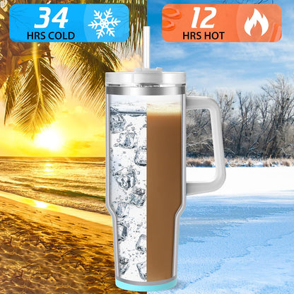 40 oz Tumbler with Handle and Straw, Pink Insulated Travel Mug Iced Coffee Cup, Reusable Stainless Steel Insulated Water Bottle, Keeps Drinks Cold for 34 Hours, Women Christmas Gifts for Mom Grandma