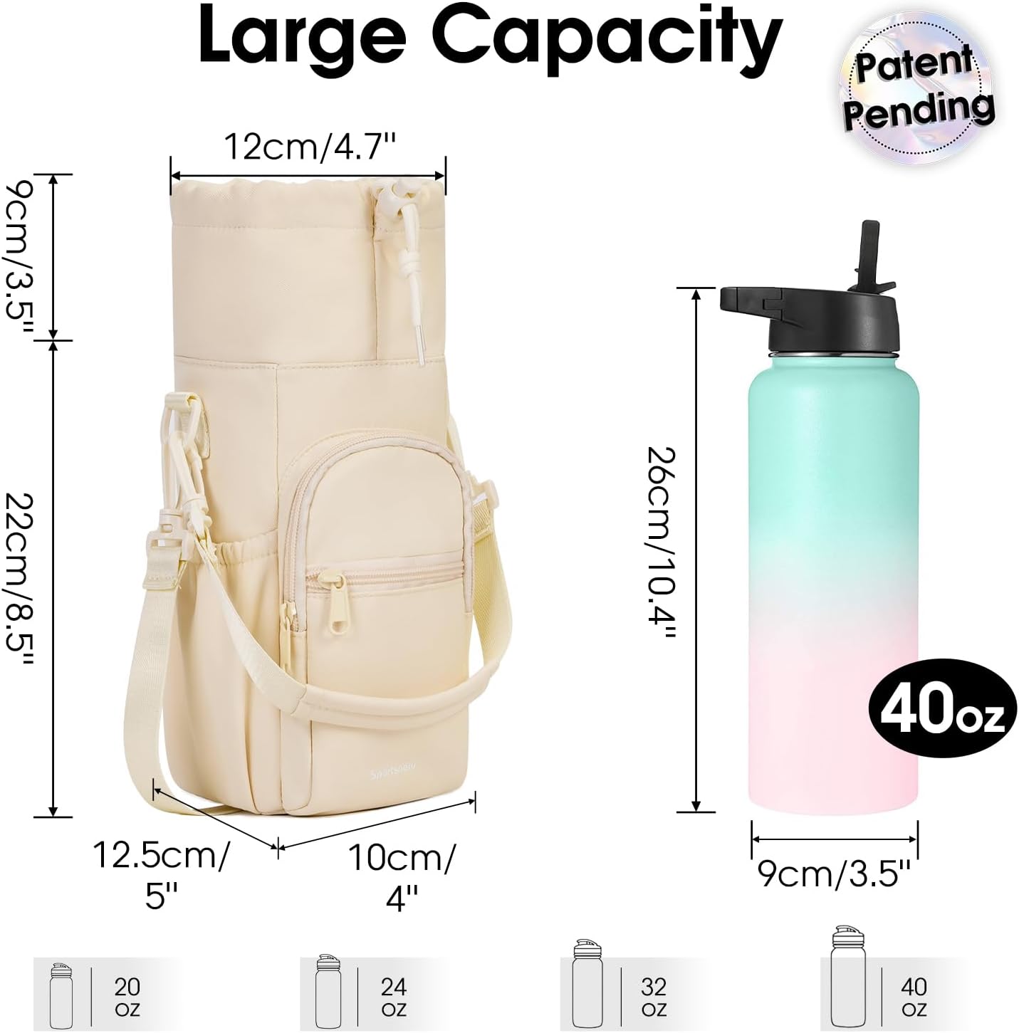 40oz Insulated Crossbody Water Bottle Bag Gym Hiking Phone Pocket | Water-resistant Lining, Padded Strap, Top Handle, Drawstring, Phone Pocket, Elastic Slots, Built-In Key Clip for Gym Walking