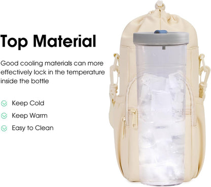 40oz Insulated Crossbody Water Bottle Bag Gym Hiking Phone Pocket | Water-resistant Lining, Padded Strap, Top Handle, Drawstring, Phone Pocket, Elastic Slots, Built-In Key Clip for Gym Walking