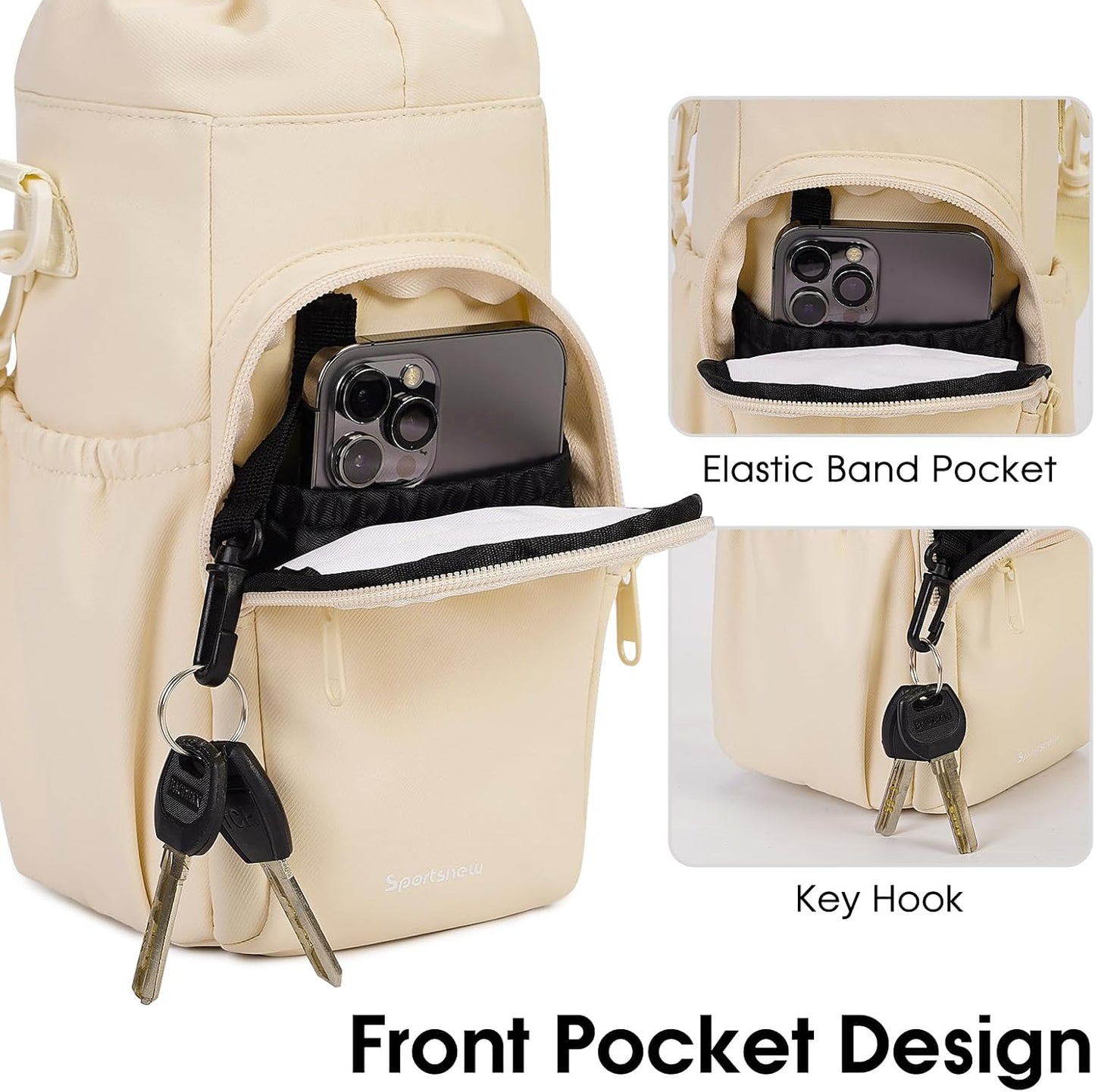 40oz Insulated Crossbody Water Bottle Bag Gym Hiking Phone Pocket | Water-resistant Lining, Padded Strap, Top Handle, Drawstring, Phone Pocket, Elastic Slots, Built-In Key Clip for Gym Walking