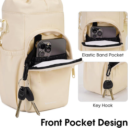 40oz Insulated Crossbody Water Bottle Bag Gym Hiking Phone Pocket | Water-resistant Lining, Padded Strap, Top Handle, Drawstring, Phone Pocket, Elastic Slots, Built-In Key Clip for Gym Walking