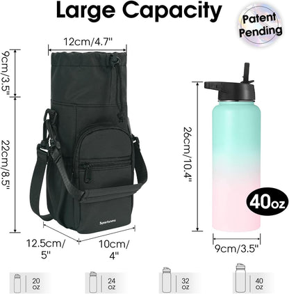 40oz Insulated Crossbody Water Bottle Bag Gym Hiking Phone Pocket | Water-resistant Lining, Padded Strap, Top Handle, Drawstring, Phone Pocket, Elastic Slots, Built-In Key Clip for Gym Walking