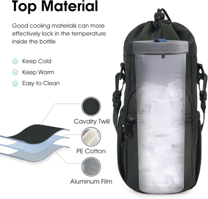 40oz Insulated Crossbody Water Bottle Bag Gym Hiking Phone Pocket | Water-resistant Lining, Padded Strap, Top Handle, Drawstring, Phone Pocket, Elastic Slots, Built-In Key Clip for Gym Walking