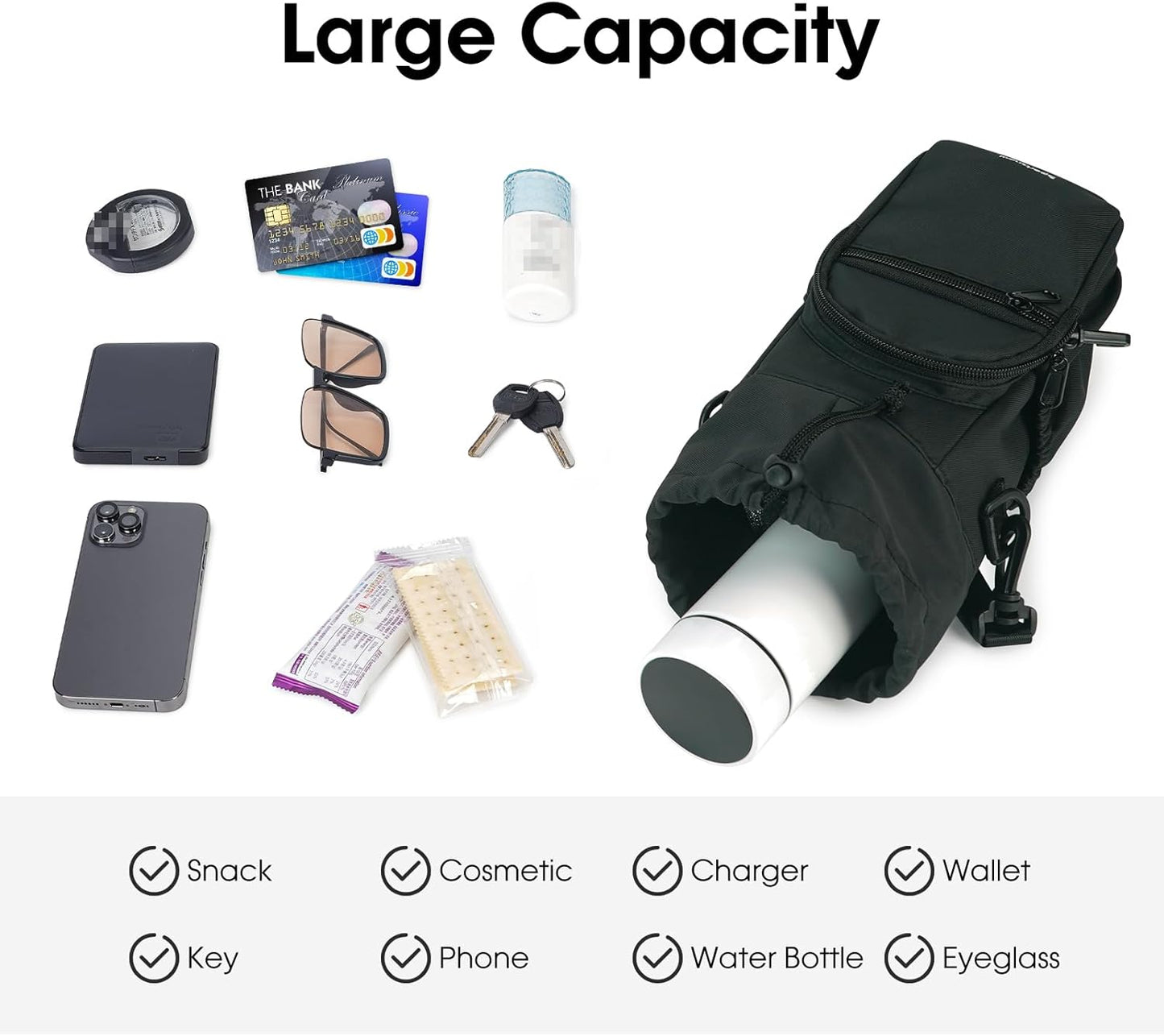 40oz Insulated Crossbody Water Bottle Bag Gym Hiking Phone Pocket | Water-resistant Lining, Padded Strap, Top Handle, Drawstring, Phone Pocket, Elastic Slots, Built-In Key Clip for Gym Walking