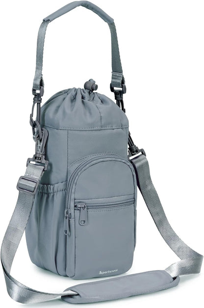 40oz Insulated Crossbody Water Bottle Bag Gym Hiking Phone Pocket | Water-resistant Lining, Padded Strap, Top Handle, Drawstring, Phone Pocket, Elastic Slots, Built-In Key Clip for Gym Walking