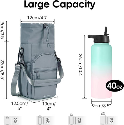 40oz Insulated Crossbody Water Bottle Bag Gym Hiking Phone Pocket | Water-resistant Lining, Padded Strap, Top Handle, Drawstring, Phone Pocket, Elastic Slots, Built-In Key Clip for Gym Walking