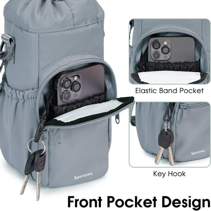 40oz Insulated Crossbody Water Bottle Bag Gym Hiking Phone Pocket | Water-resistant Lining, Padded Strap, Top Handle, Drawstring, Phone Pocket, Elastic Slots, Built-In Key Clip for Gym Walking