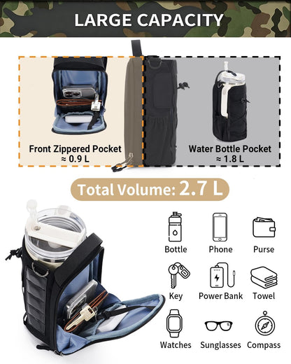 40oz Insulated Crossbody Water Bottle Bag Gym Hiking Phone Pocket | Water-resistant Lining, Padded Strap, Top Handle, Drawstring, Phone Pocket, Elastic Slots, Built-In Key Clip for Gym Walking