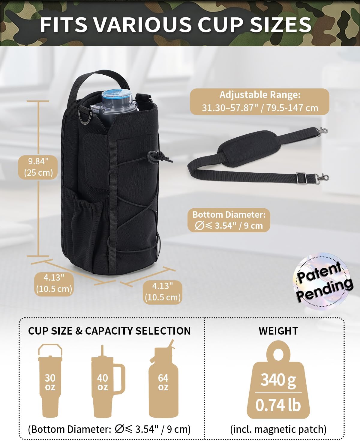 40oz Insulated Crossbody Water Bottle Bag Gym Hiking Phone Pocket | Water-resistant Lining, Padded Strap, Top Handle, Drawstring, Phone Pocket, Elastic Slots, Built-In Key Clip for Gym Walking
