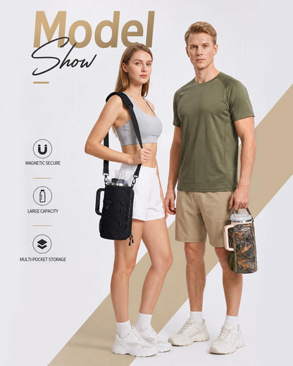 40oz Insulated Crossbody Water Bottle Bag Gym Hiking Phone Pocket | Water-resistant Lining, Padded Strap, Top Handle, Drawstring, Phone Pocket, Elastic Slots, Built-In Key Clip for Gym Walking