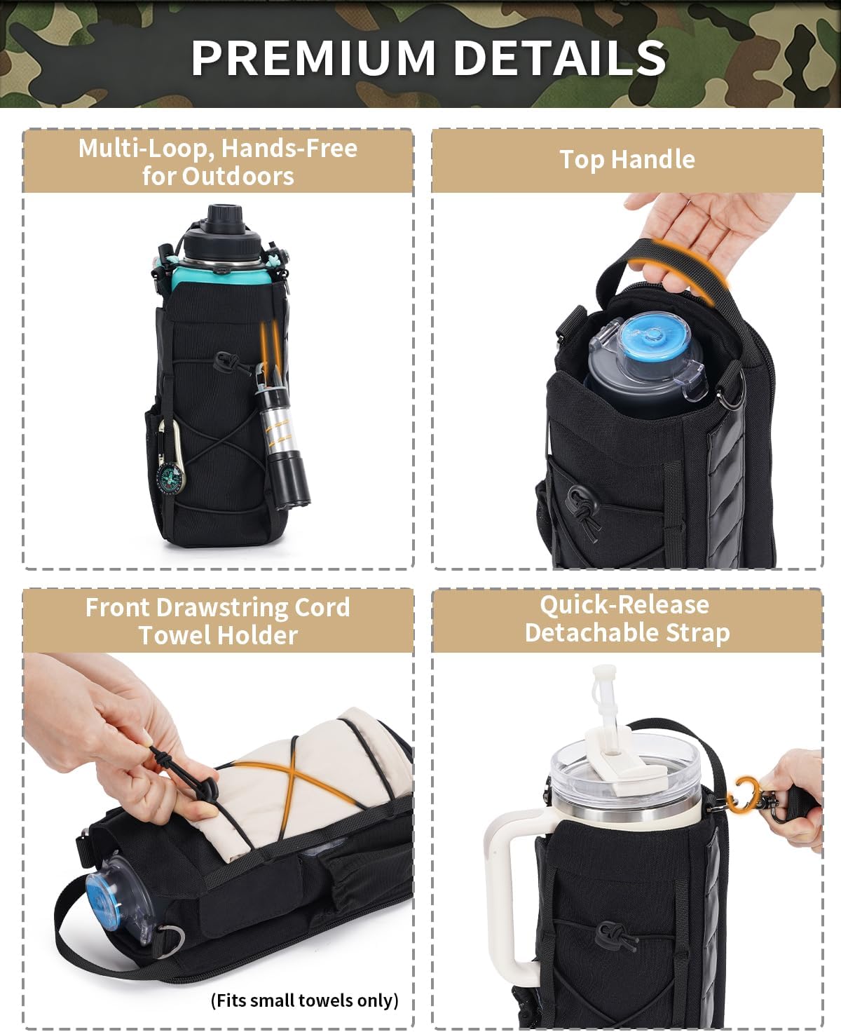 40oz Insulated Crossbody Water Bottle Bag Gym Hiking Phone Pocket | Water-resistant Lining, Padded Strap, Top Handle, Drawstring, Phone Pocket, Elastic Slots, Built-In Key Clip for Gym Walking