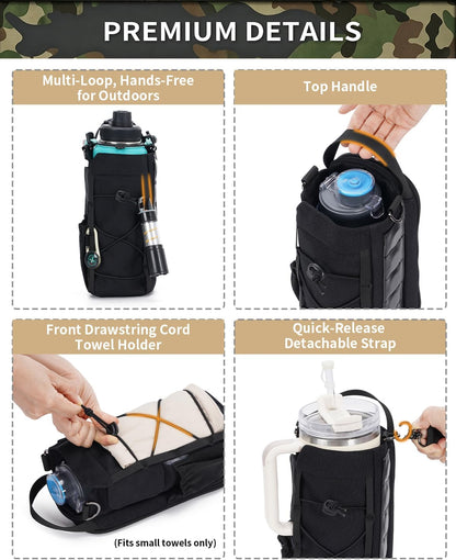 40oz Insulated Crossbody Water Bottle Bag Gym Hiking Phone Pocket | Water-resistant Lining, Padded Strap, Top Handle, Drawstring, Phone Pocket, Elastic Slots, Built-In Key Clip for Gym Walking