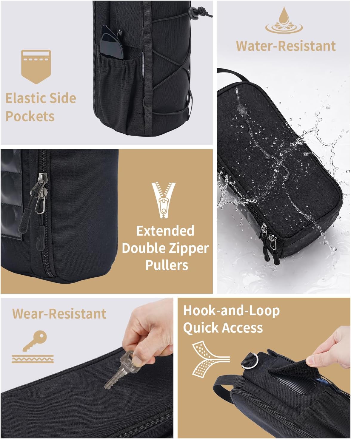 40oz Insulated Crossbody Water Bottle Bag Gym Hiking Phone Pocket | Water-resistant Lining, Padded Strap, Top Handle, Drawstring, Phone Pocket, Elastic Slots, Built-In Key Clip for Gym Walking