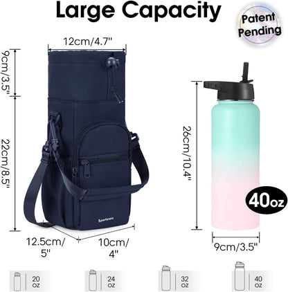 40oz Insulated Crossbody Water Bottle Bag Gym Hiking Phone Pocket | Water-resistant Lining, Padded Strap, Top Handle, Drawstring, Phone Pocket, Elastic Slots, Built-In Key Clip for Gym Walking