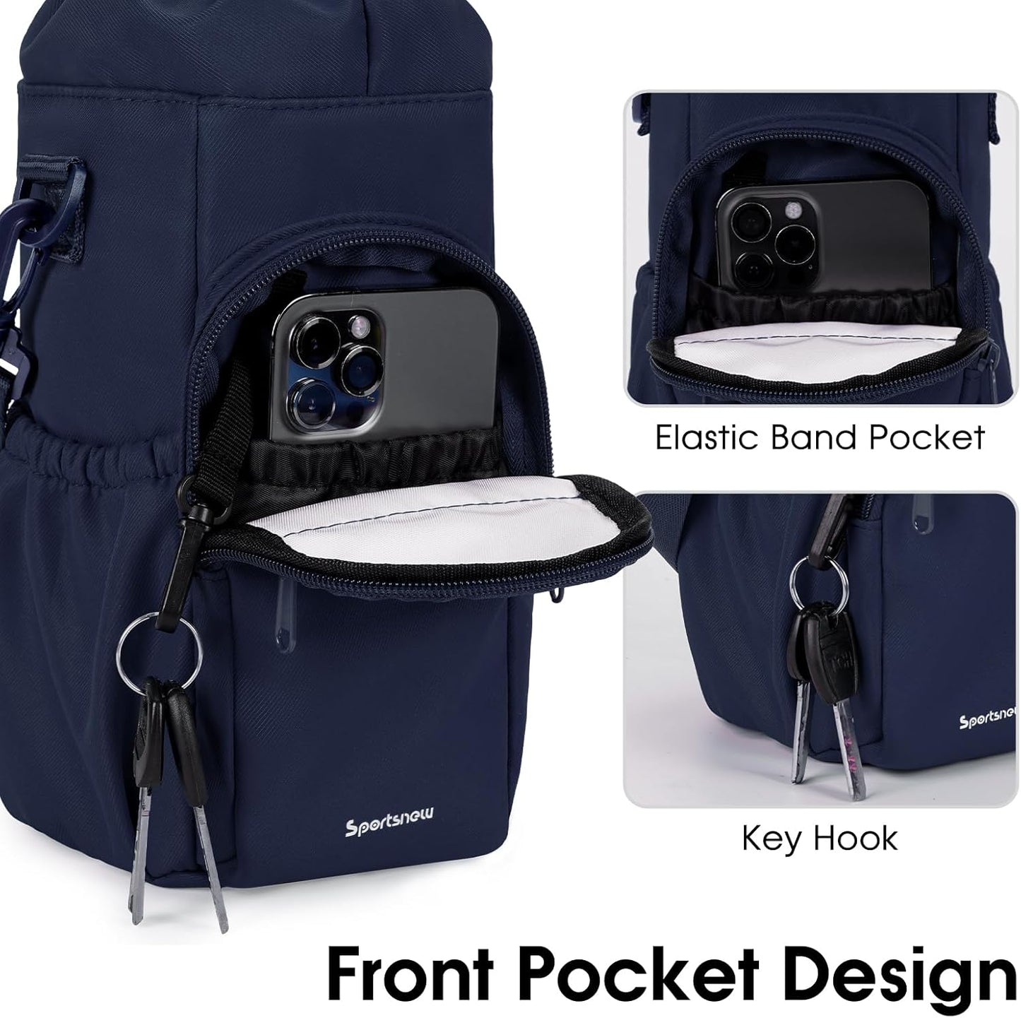 40oz Insulated Crossbody Water Bottle Bag Gym Hiking Phone Pocket | Water-resistant Lining, Padded Strap, Top Handle, Drawstring, Phone Pocket, Elastic Slots, Built-In Key Clip for Gym Walking