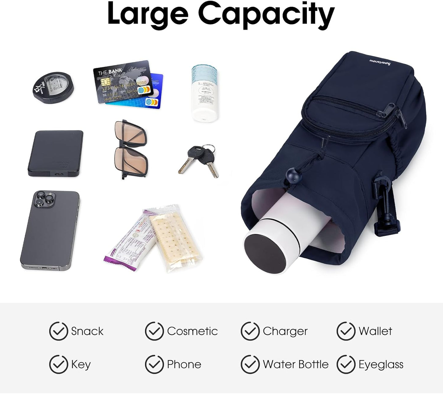 40oz Insulated Crossbody Water Bottle Bag Gym Hiking Phone Pocket | Water-resistant Lining, Padded Strap, Top Handle, Drawstring, Phone Pocket, Elastic Slots, Built-In Key Clip for Gym Walking
