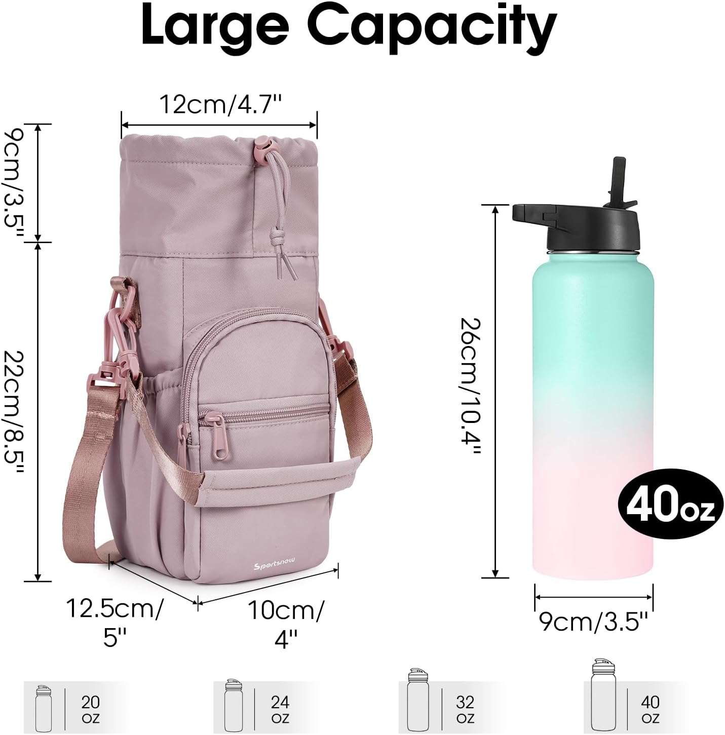 40oz Insulated Crossbody Water Bottle Bag Gym Hiking Phone Pocket | Water-resistant Lining, Padded Strap, Top Handle, Drawstring, Phone Pocket, Elastic Slots, Built-In Key Clip for Gym Walking