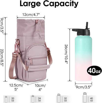 40oz Insulated Crossbody Water Bottle Bag Gym Hiking Phone Pocket | Water-resistant Lining, Padded Strap, Top Handle, Drawstring, Phone Pocket, Elastic Slots, Built-In Key Clip for Gym Walking
