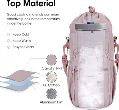 40oz Insulated Crossbody Water Bottle Bag Gym Hiking Phone Pocket | Water-resistant Lining, Padded Strap, Top Handle, Drawstring, Phone Pocket, Elastic Slots, Built-In Key Clip for Gym Walking