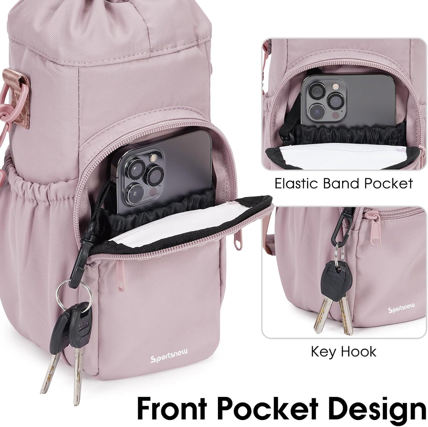 40oz Insulated Crossbody Water Bottle Bag Gym Hiking Phone Pocket | Water-resistant Lining, Padded Strap, Top Handle, Drawstring, Phone Pocket, Elastic Slots, Built-In Key Clip for Gym Walking