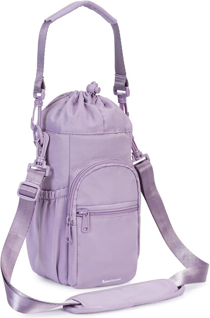 40oz Insulated Crossbody Water Bottle Bag Gym Hiking Phone Pocket | Water-resistant Lining, Padded Strap, Top Handle, Drawstring, Phone Pocket, Elastic Slots, Built-In Key Clip for Gym Walking