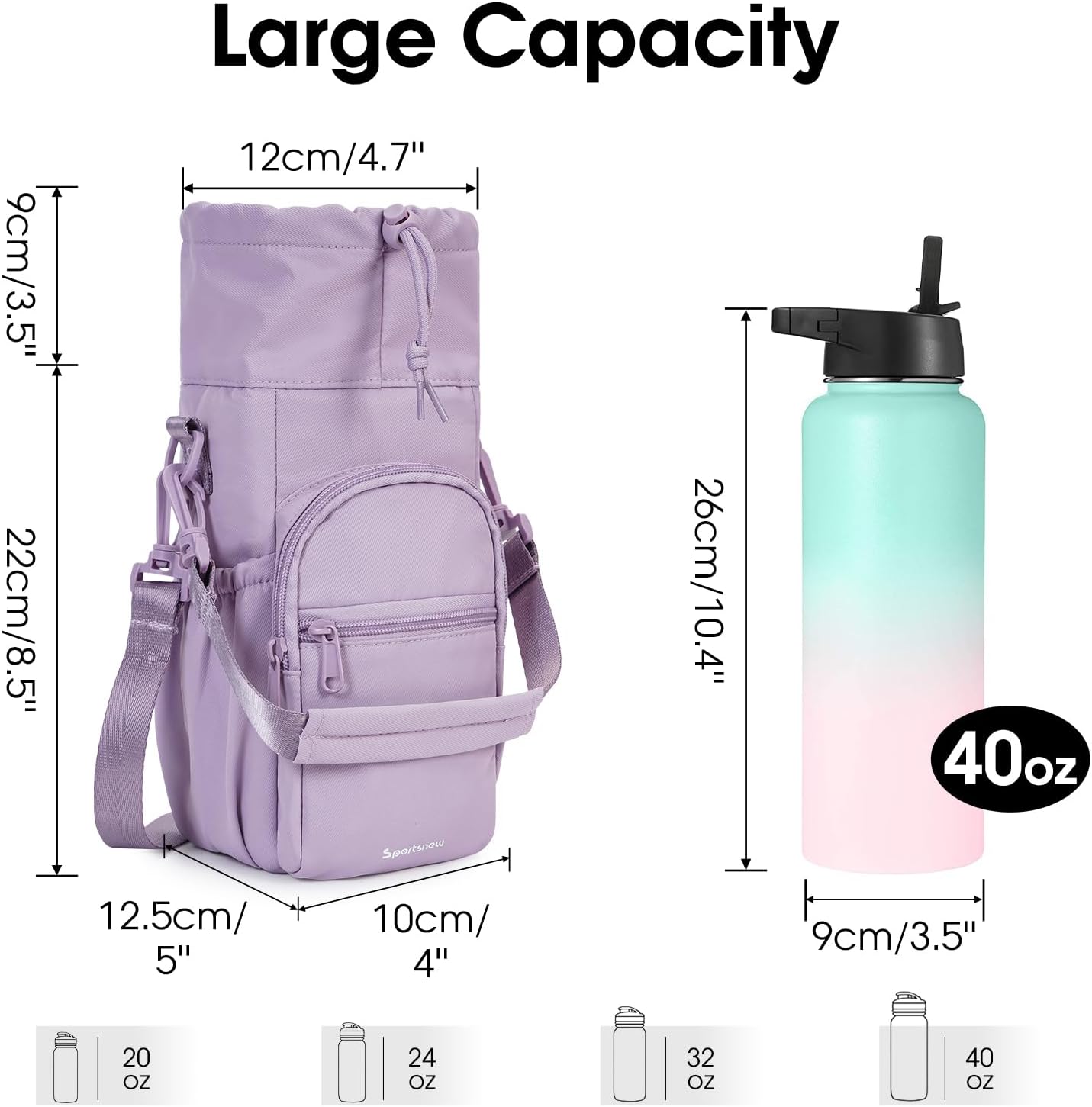 40oz Insulated Crossbody Water Bottle Bag Gym Hiking Phone Pocket | Water-resistant Lining, Padded Strap, Top Handle, Drawstring, Phone Pocket, Elastic Slots, Built-In Key Clip for Gym Walking