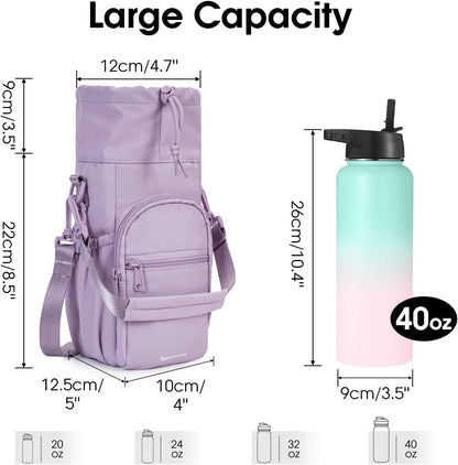 40oz Insulated Crossbody Water Bottle Bag Gym Hiking Phone Pocket | Water-resistant Lining, Padded Strap, Top Handle, Drawstring, Phone Pocket, Elastic Slots, Built-In Key Clip for Gym Walking