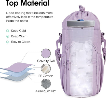 40oz Insulated Crossbody Water Bottle Bag Gym Hiking Phone Pocket | Water-resistant Lining, Padded Strap, Top Handle, Drawstring, Phone Pocket, Elastic Slots, Built-In Key Clip for Gym Walking