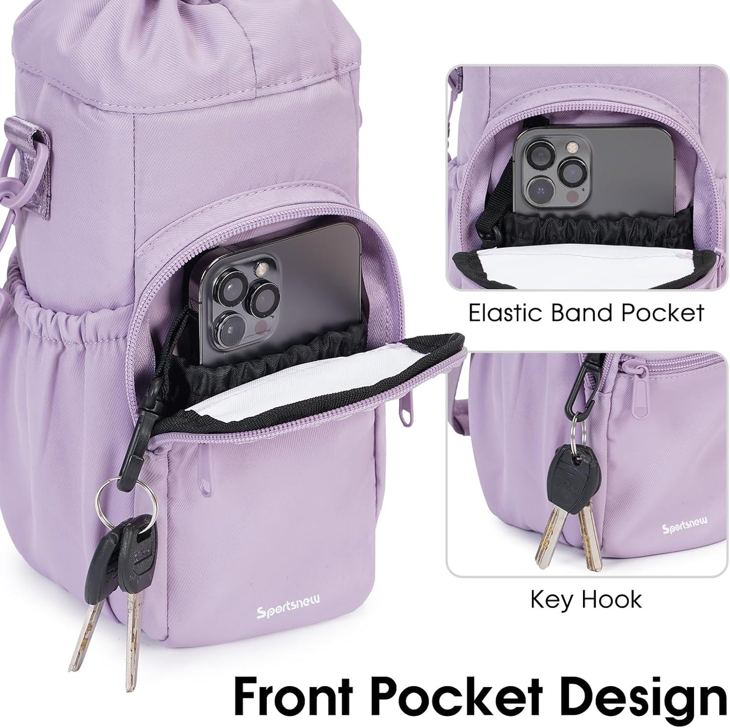 40oz Insulated Crossbody Water Bottle Bag Gym Hiking Phone Pocket | Water-resistant Lining, Padded Strap, Top Handle, Drawstring, Phone Pocket, Elastic Slots, Built-In Key Clip for Gym Walking