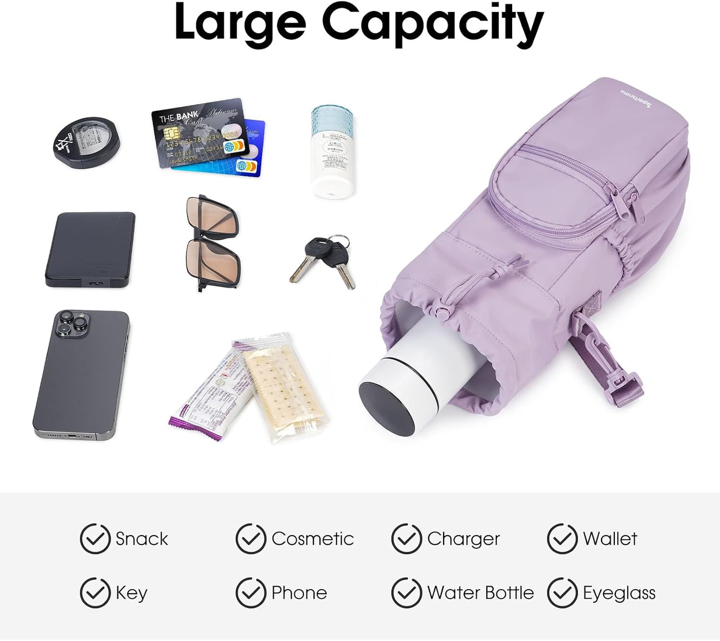 40oz Insulated Crossbody Water Bottle Bag Gym Hiking Phone Pocket | Water-resistant Lining, Padded Strap, Top Handle, Drawstring, Phone Pocket, Elastic Slots, Built-In Key Clip for Gym Walking