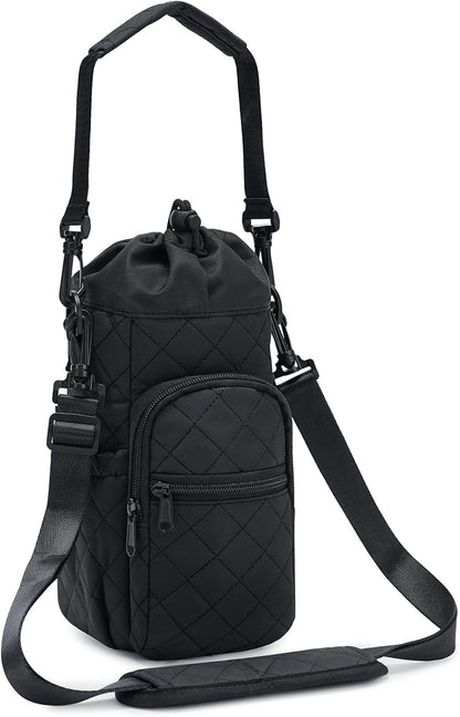 40oz Insulated Crossbody Water Bottle Bag Gym Hiking Phone Pocket | Water-resistant Lining, Padded Strap, Top Handle, Drawstring, Phone Pocket, Elastic Slots, Built-In Key Clip for Gym Walking