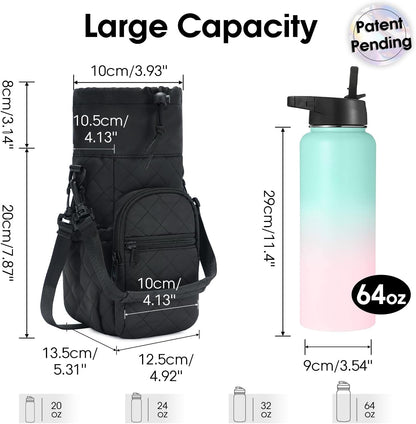 40oz Insulated Crossbody Water Bottle Bag Gym Hiking Phone Pocket | Water-resistant Lining, Padded Strap, Top Handle, Drawstring, Phone Pocket, Elastic Slots, Built-In Key Clip for Gym Walking